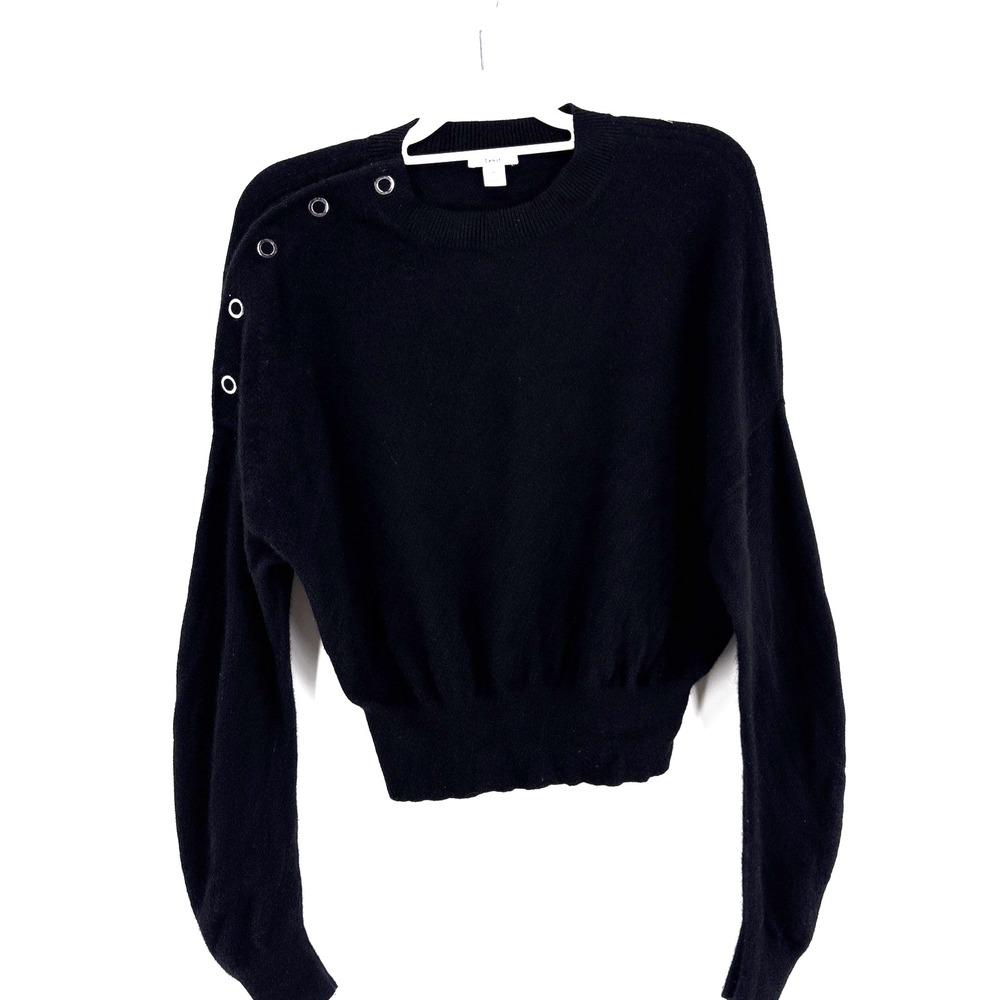 LEWIT Cashmere Blend Sweater Medium Black Snap Detail Long Sleeve Crew Pullover - Picture 2 of 7